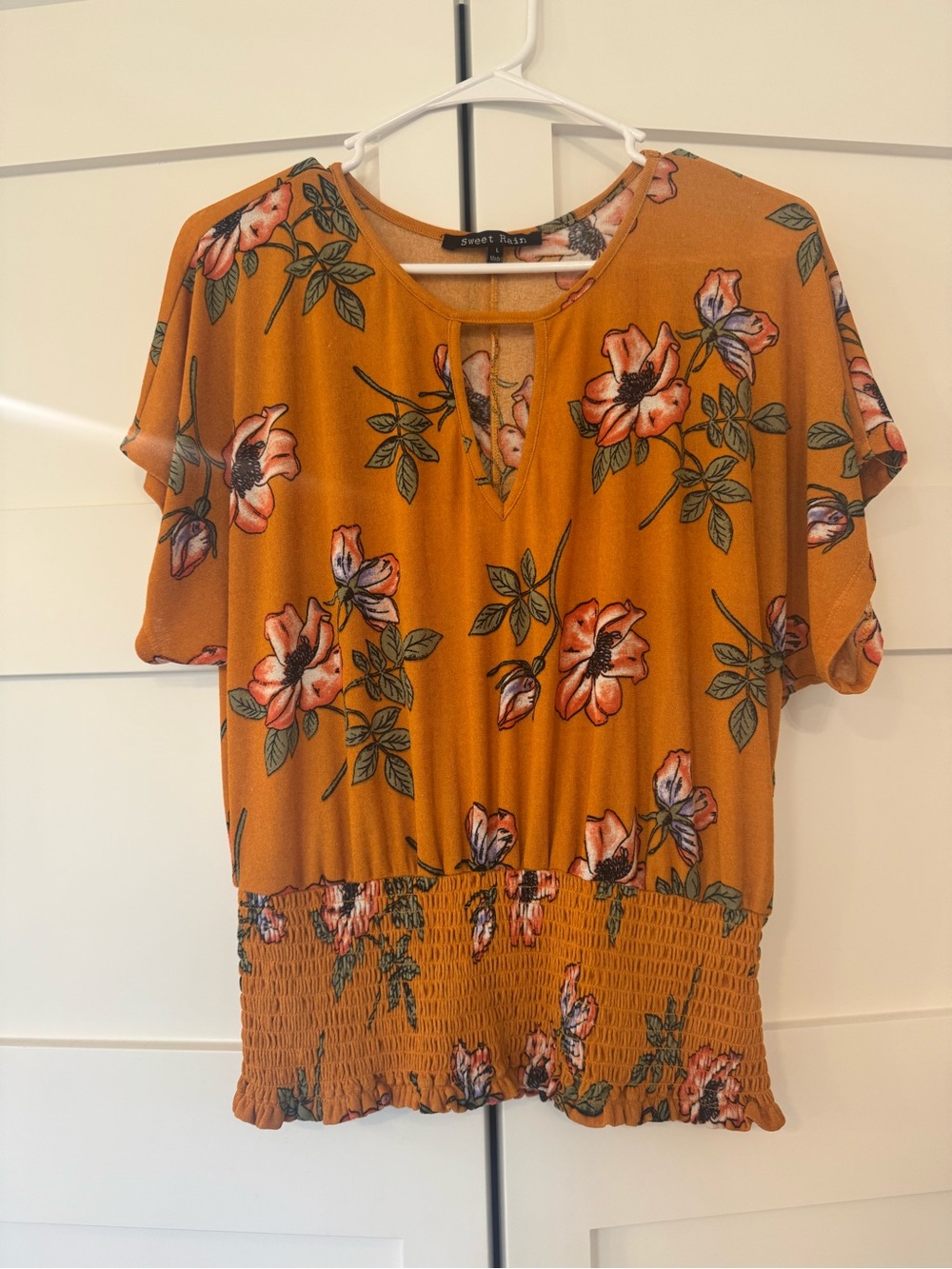 Sweet Rain Mustard Floral Keyhole Smocked Hem Top
